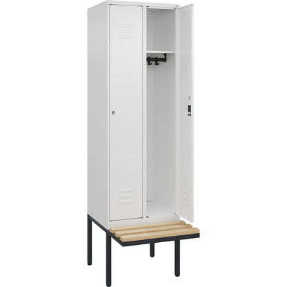 Classic PLUS bench seat clothes locker, 2 compartments, traffic white, W 600 mm, cylinder lock, cantilevered, beech hardwood.