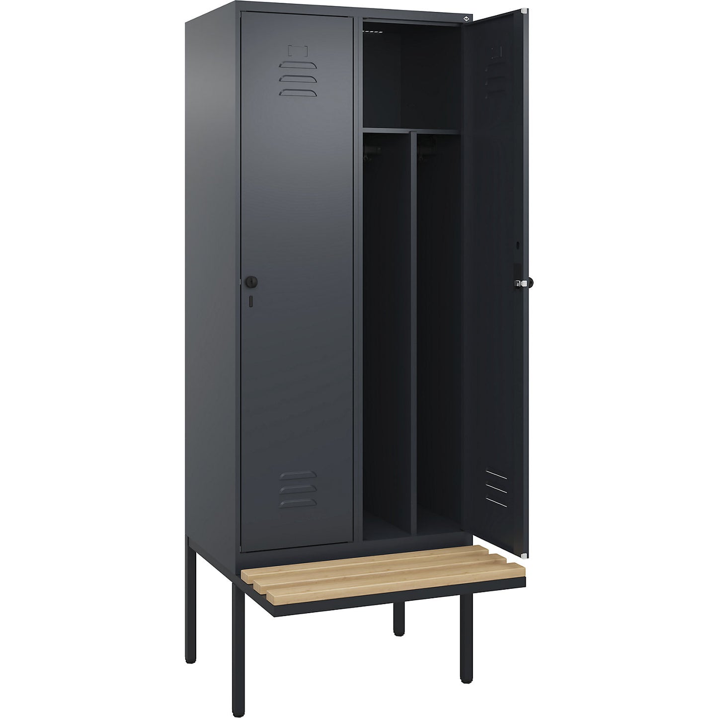 Classic PLUS clean and dirty bench seat clothes locker, narrow, 2 compartments, shortened centre divider, grey, W 800 mm, security rotary bolt, cantilevered, beech hardwood.