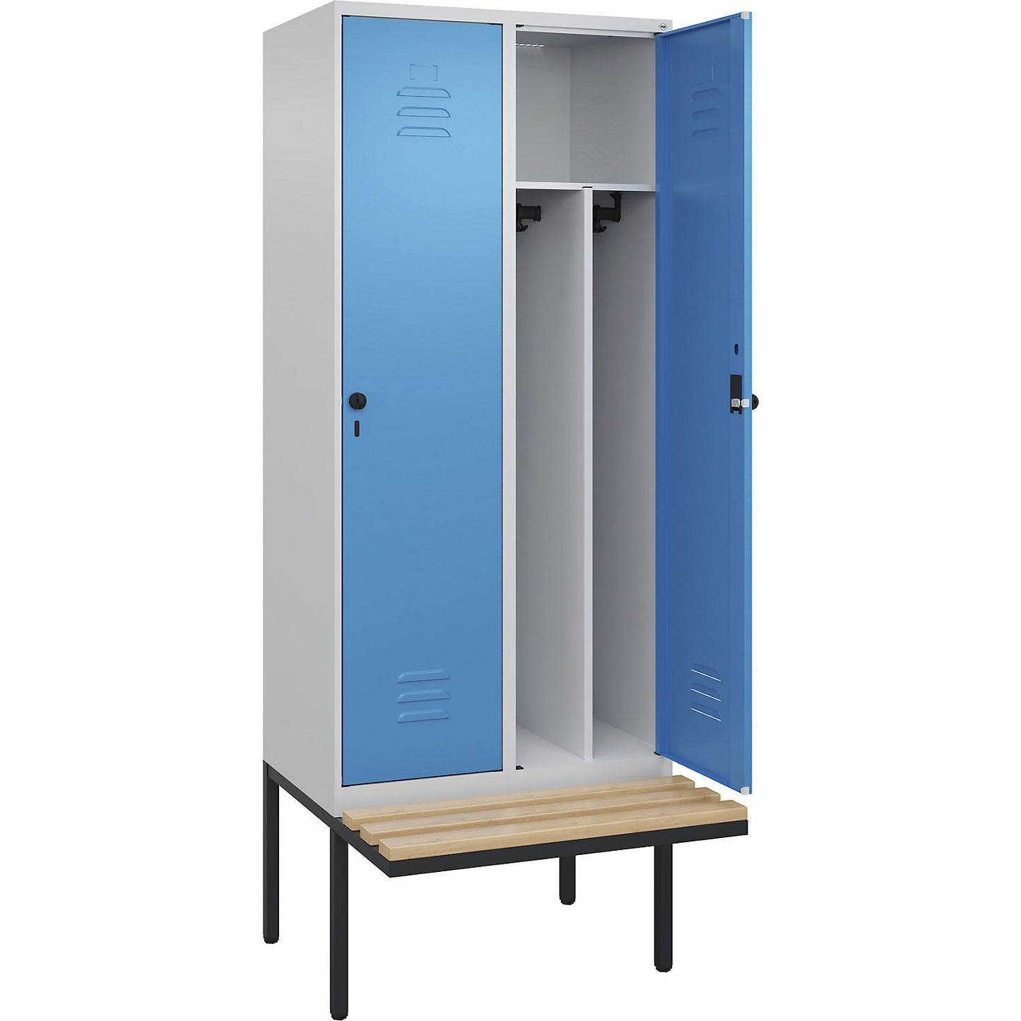 Classic PLUS clean and dirty bench seat clothes locker, narrow, 2 compartments, shortened centre divider, light grey/light blue, W 800 mm, security rotary bolt, cantilevered, beech hardwood.