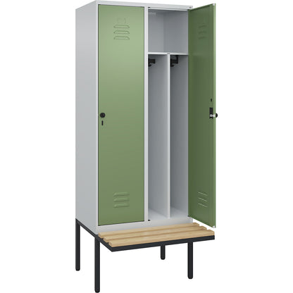 Classic PLUS clean and dirty bench seat clothes locker, narrow, 2 compartments, shortened centre divider, light grey/reseda green, W 800 mm, security rotary bolt, cantilevered, beech hardwood.