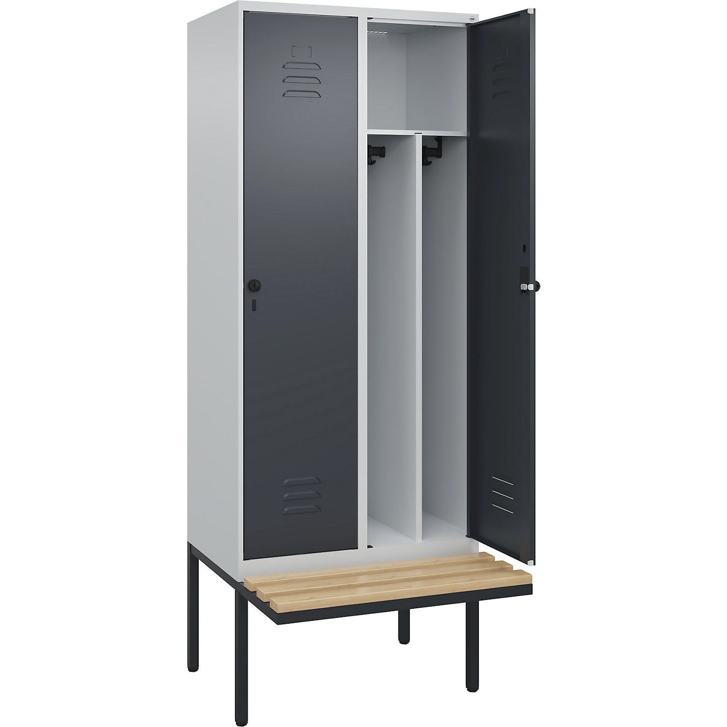 Classic PLUS clean and dirty bench seat clothes locker, narrow, 2 compartments, shortened centre divider, light grey/grey, W 800 mm, security rotary bolt, cantilevered, beech hardwood.