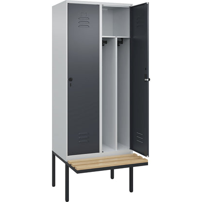 Classic PLUS clean and dirty bench seat clothes locker, narrow, 2 compartments, shortened centre divider, light grey/grey, W 800 mm, security rotary bolt, cantilevered, beech hardwood.