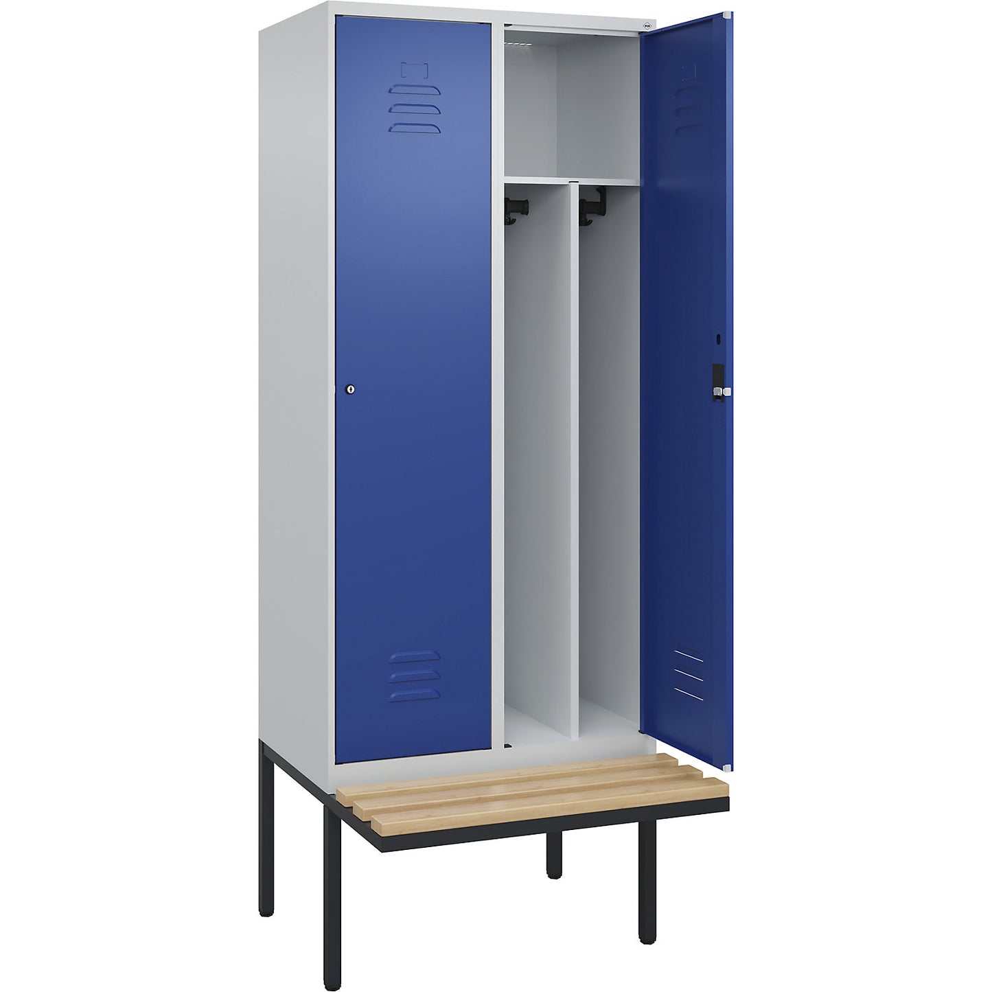Classic PLUS clean and dirty bench seat clothes locker, narrow, 2 compartments, shortened centre divider, light grey/gentian blue, W 800 mm, cylinder lock, cantilevered, beech hardwood.