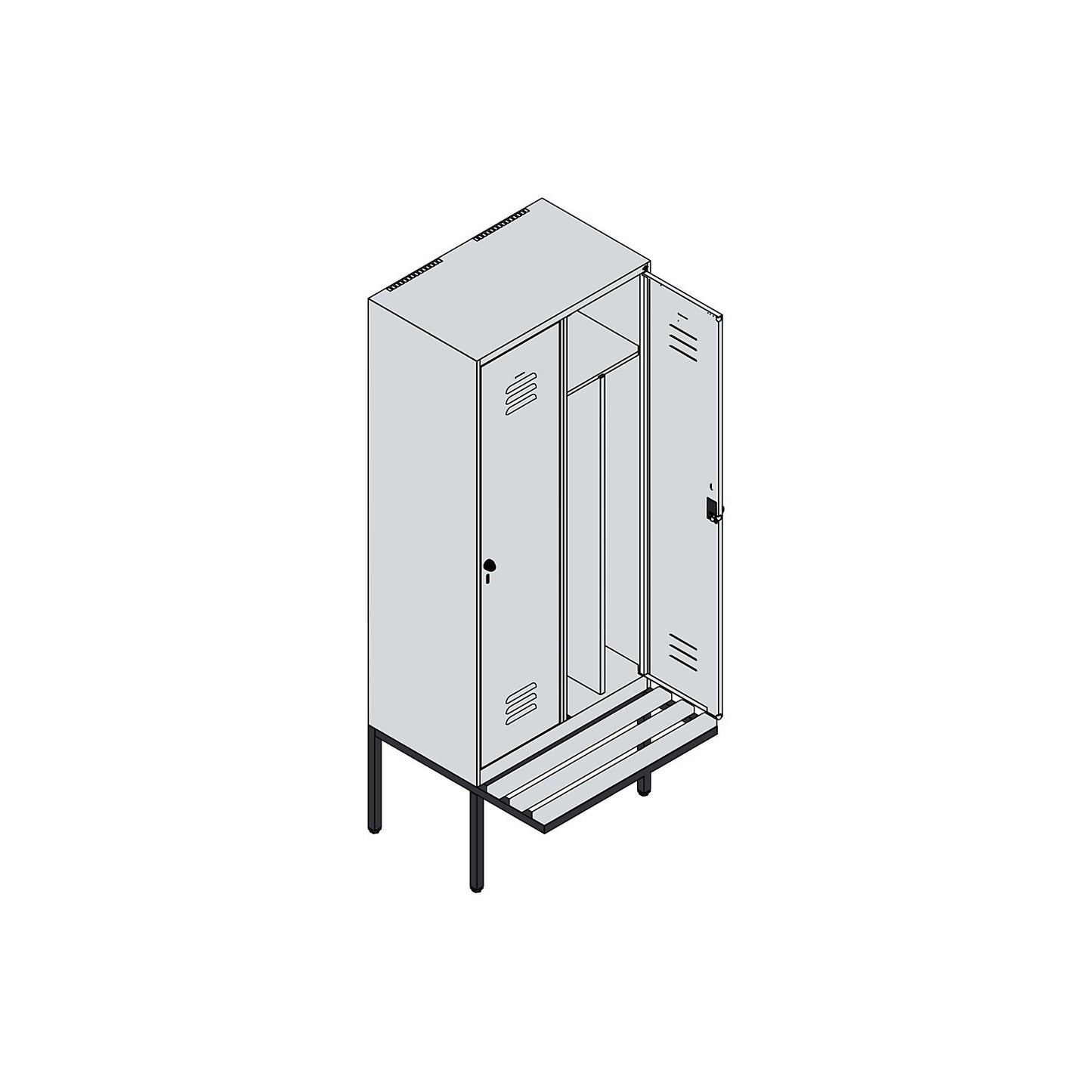Classic PLUS clean and dirty bench seat clothes locker, narrow, 2 compartments, shortened centre divider, light grey/light blue, W 800 mm, security rotary bolt, cantilevered, beech hardwood.
