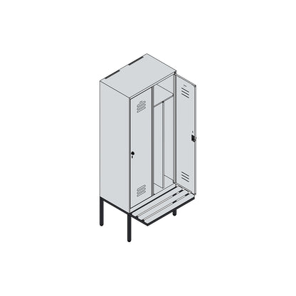Classic PLUS clean and dirty bench seat clothes locker, narrow, 2 compartments, shortened centre divider, light grey/light blue, W 800 mm, security rotary bolt, cantilevered, beech hardwood.