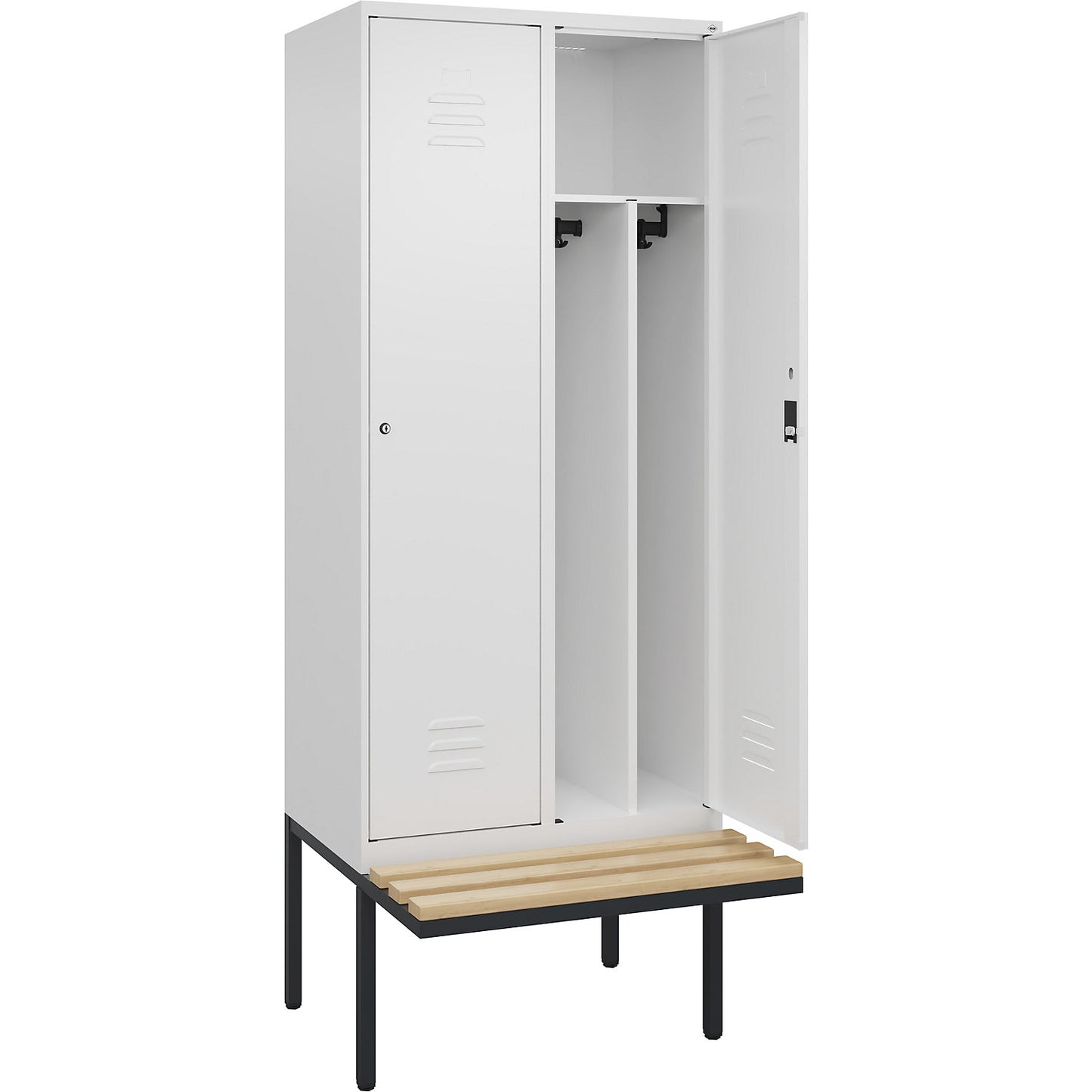 Classic PLUS clean and dirty bench seat clothes locker, narrow, 2 compartments, shortened centre divider, traffic white, W 800 mm, cylinder lock, cantilevered, beech hardwood.