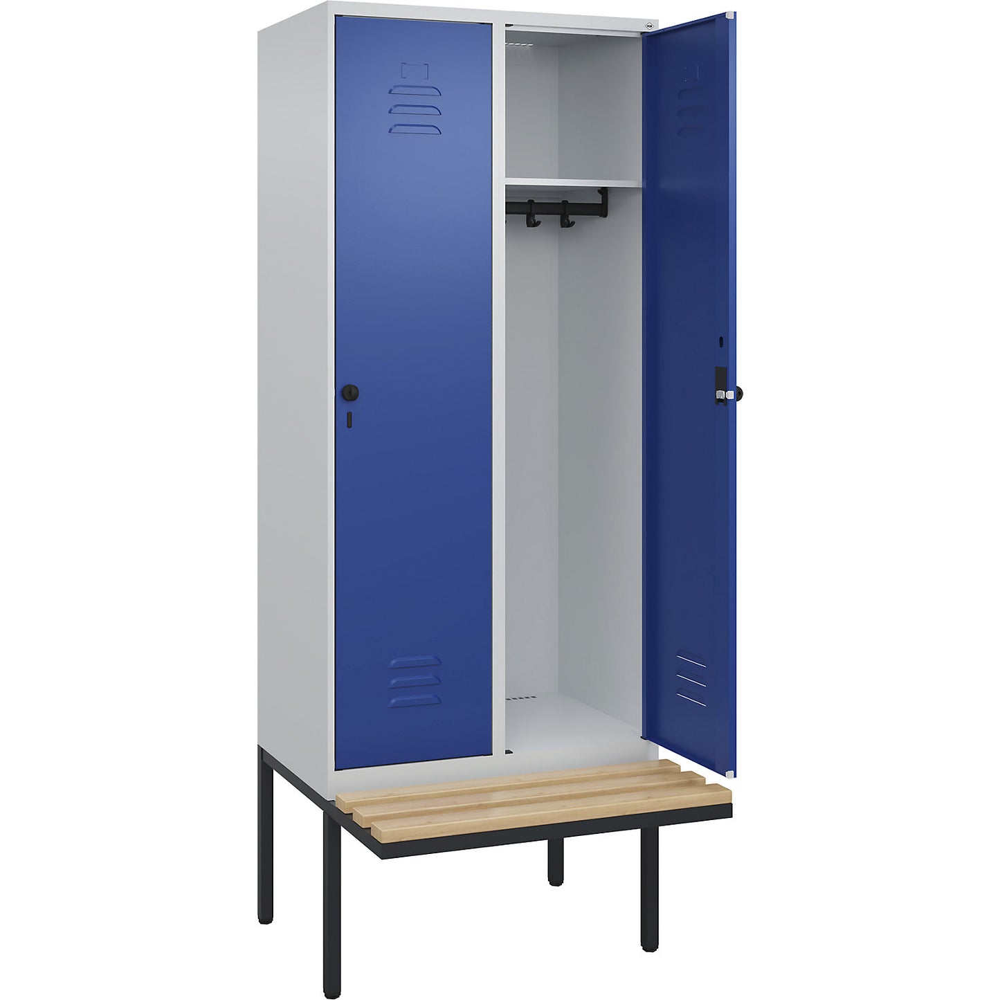 Classic PLUS bench seat clothes locker, 2 compartments, light grey/gentian blue, W 800 mm, security rotary bolt, cantilevered, beech hardwood.