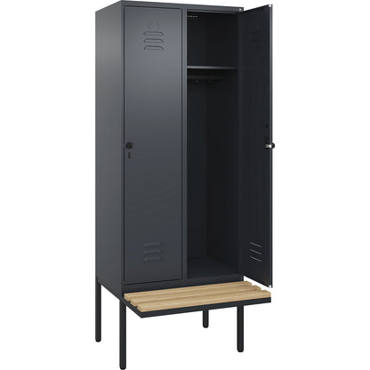 Classic PLUS bench seat clothes locker, 2 compartments, grey, W 800 mm, security rotary bolt, cantilevered, beech hardwood.