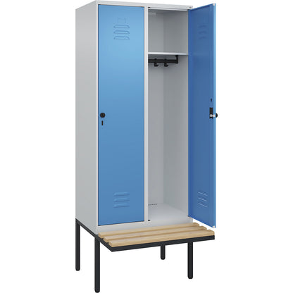 Classic PLUS bench seat clothes locker, 2 compartments, light grey/light blue, W 800 mm, security rotary bolt, cantilevered, beech hardwood.