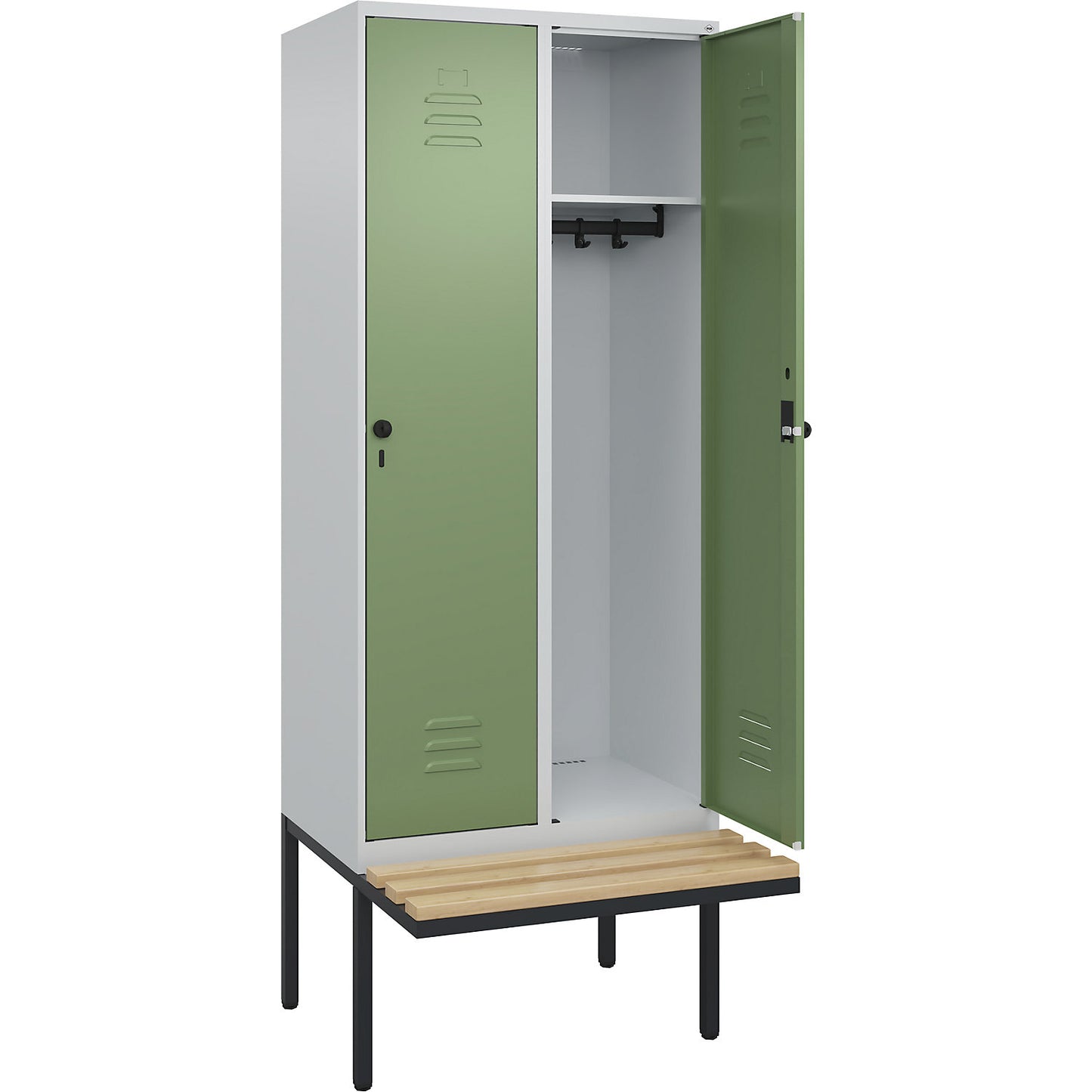 Classic PLUS bench seat clothes locker, 2 compartments, light grey/reseda green, W 800 mm, security rotary bolt, cantilevered, beech hardwood.