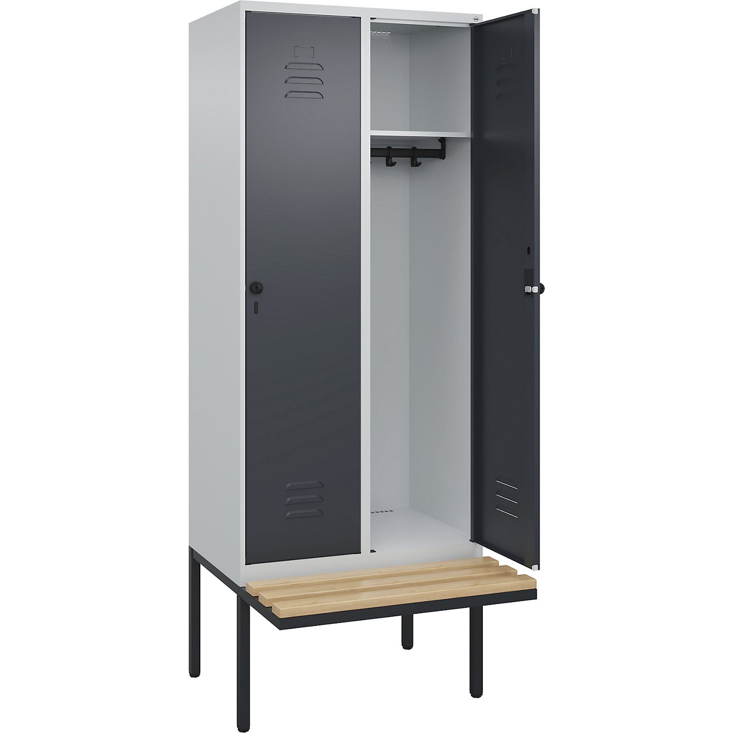 Classic PLUS bench seat clothes locker, 2 compartments, light grey/grey, W 800 mm, security rotary bolt, cantilevered, beech hardwood.