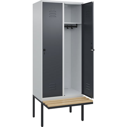 Classic PLUS bench seat clothes locker, 2 compartments, light grey/grey, W 800 mm, security rotary bolt, cantilevered, beech hardwood.