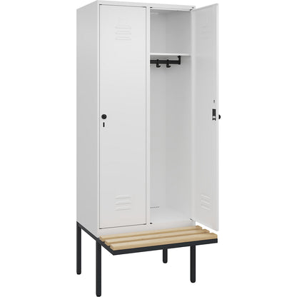Classic PLUS bench seat clothes locker, 2 compartments, traffic white, W 800 mm, security rotary bolt, cantilevered, beech hardwood.