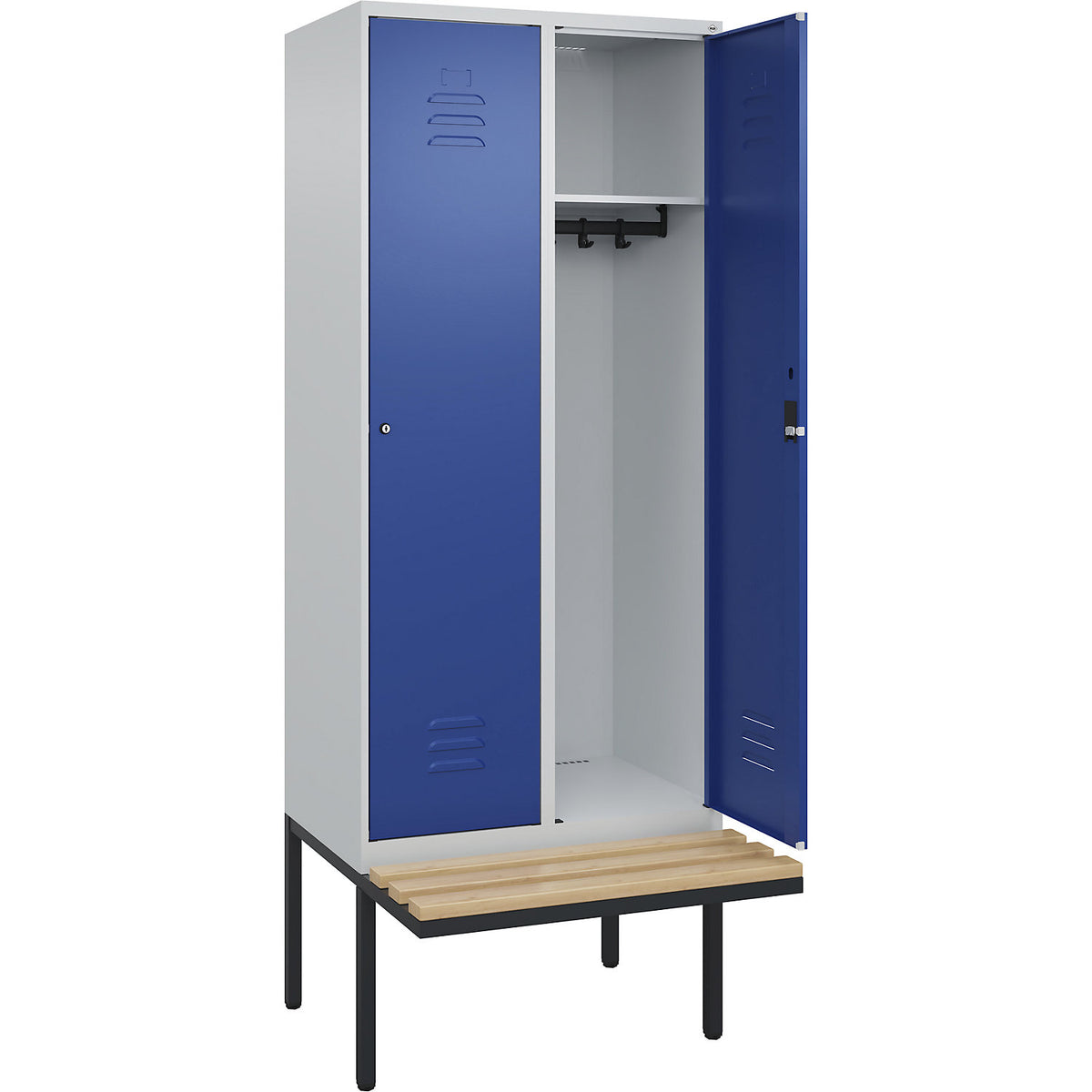 Classic PLUS bench seat clothes locker, 2 compartments, light grey/gentian blue, W 800 mm, cylinder lock, cantilevered, beech hardwood.