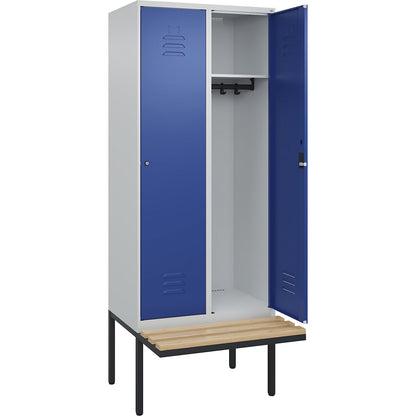 Classic PLUS bench seat clothes locker, 2 compartments, light grey/gentian blue, W 800 mm, cylinder lock, cantilevered, beech hardwood.