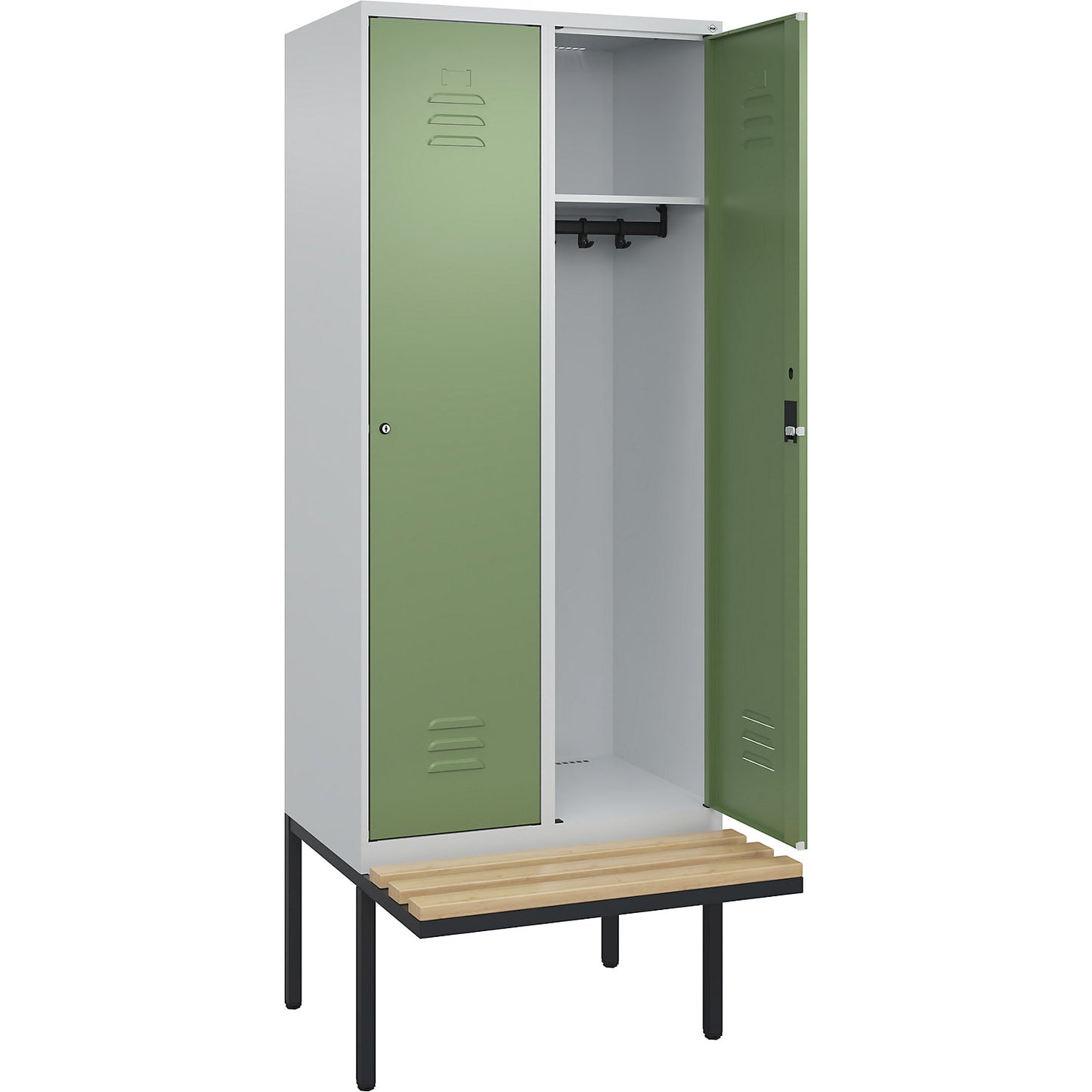 Classic PLUS bench seat clothes locker, 2 compartments, light grey/reseda green, W 800 mm, cylinder lock, cantilevered, beech hardwood.