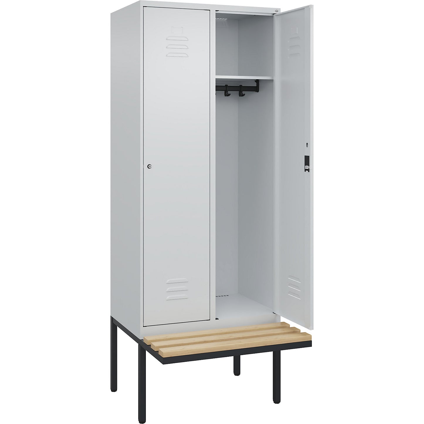Classic PLUS bench seat clothes locker, 2 compartments, light grey, W 800 mm, cylinder lock, cantilevered, beech hardwood.