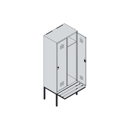 Classic PLUS bench seat clothes locker, 2 compartments, light grey/grey, W 800 mm, security rotary bolt, cantilevered, beech hardwood.