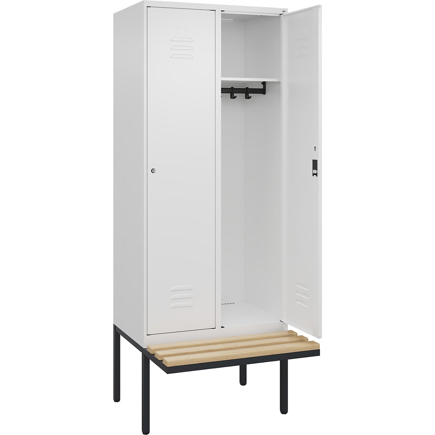 Classic PLUS bench seat clothes locker, 2 compartments, traffic white, W 800 mm, cylinder lock, cantilevered, beech hardwood.