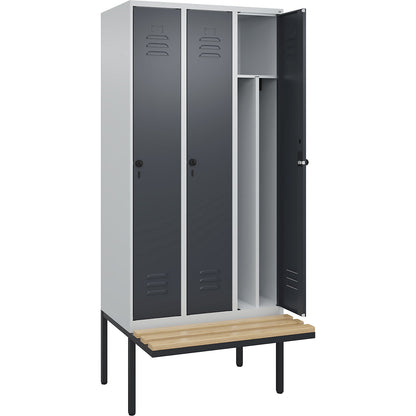 Classic PLUS clean and dirty bench seat clothes locker, narrow, 3 compartments, shortened centre divider, light grey/grey, W 900 mm, security rotary bolt, cantilevered, beech hardwood.