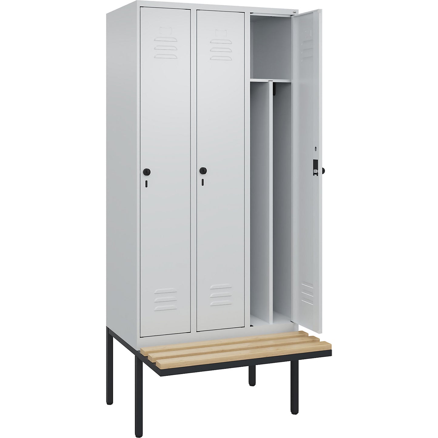 Classic PLUS clean and dirty bench seat clothes locker, narrow, 3 compartments, shortened centre divider, light grey, W 900 mm, security rotary bolt, cantilevered, beech hardwood.