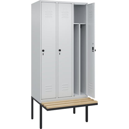 Classic PLUS clean and dirty bench seat clothes locker, narrow, 3 compartments, shortened centre divider, light grey, W 900 mm, security rotary bolt, cantilevered, beech hardwood.
