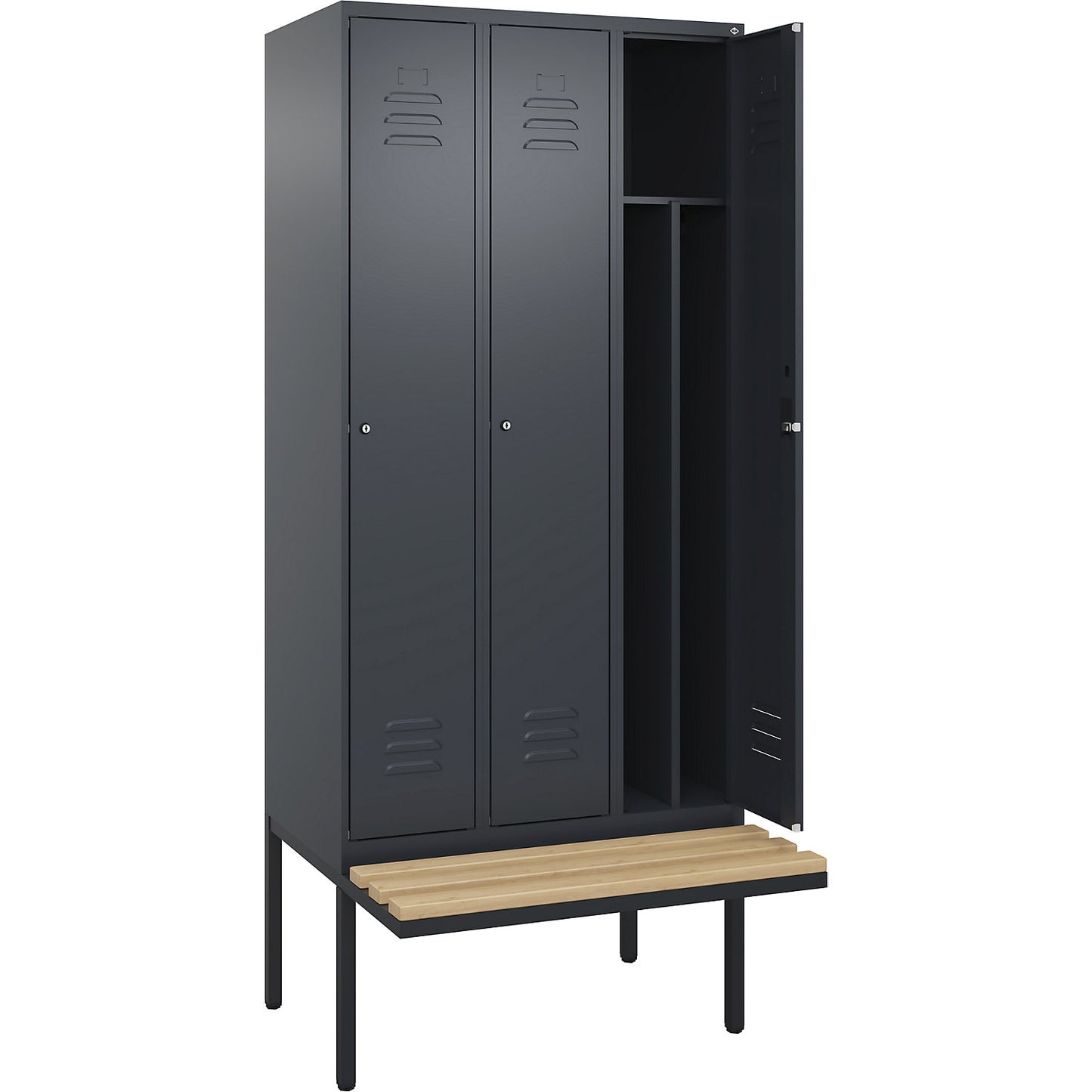 Classic PLUS clean and dirty bench seat clothes locker, narrow, 3 compartments, shortened centre divider, grey, W 900 mm, cylinder lock, cantilevered, beech hardwood.