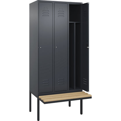 Classic PLUS clean and dirty bench seat clothes locker, narrow, 3 compartments, shortened centre divider, grey, W 900 mm, cylinder lock, cantilevered, beech hardwood.