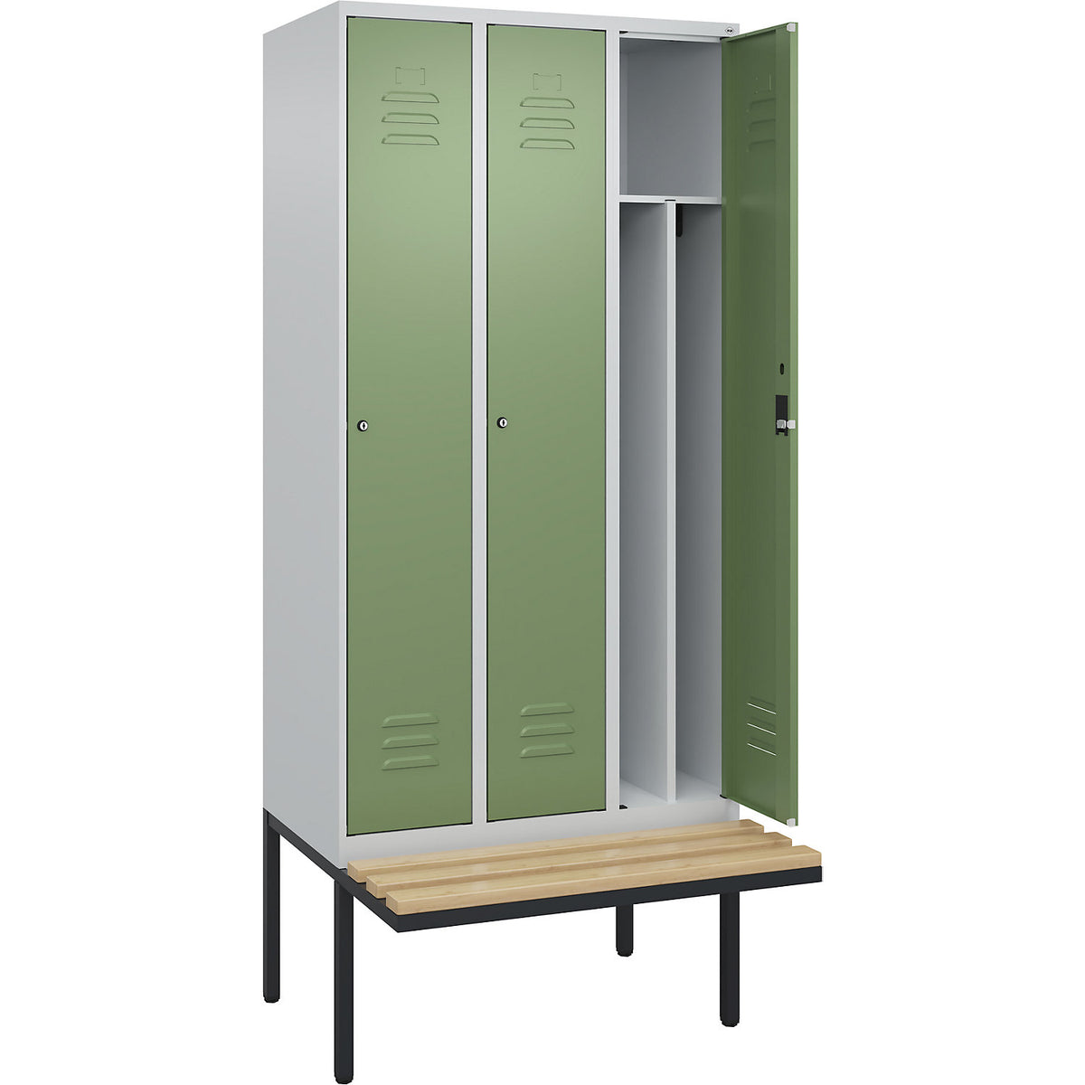 Classic PLUS clean and dirty bench seat clothes locker, narrow, 3 compartments, shortened centre divider, light grey/reseda green, W 900 mm, cylinder lock, cantilevered, beech hardwood.