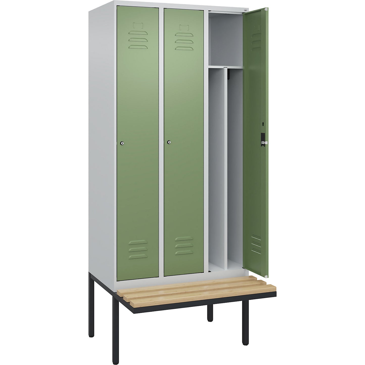 Classic PLUS clean and dirty bench seat clothes locker, narrow, 3 compartments, shortened centre divider, light grey/reseda green, W 900 mm, cylinder lock, cantilevered, beech hardwood.