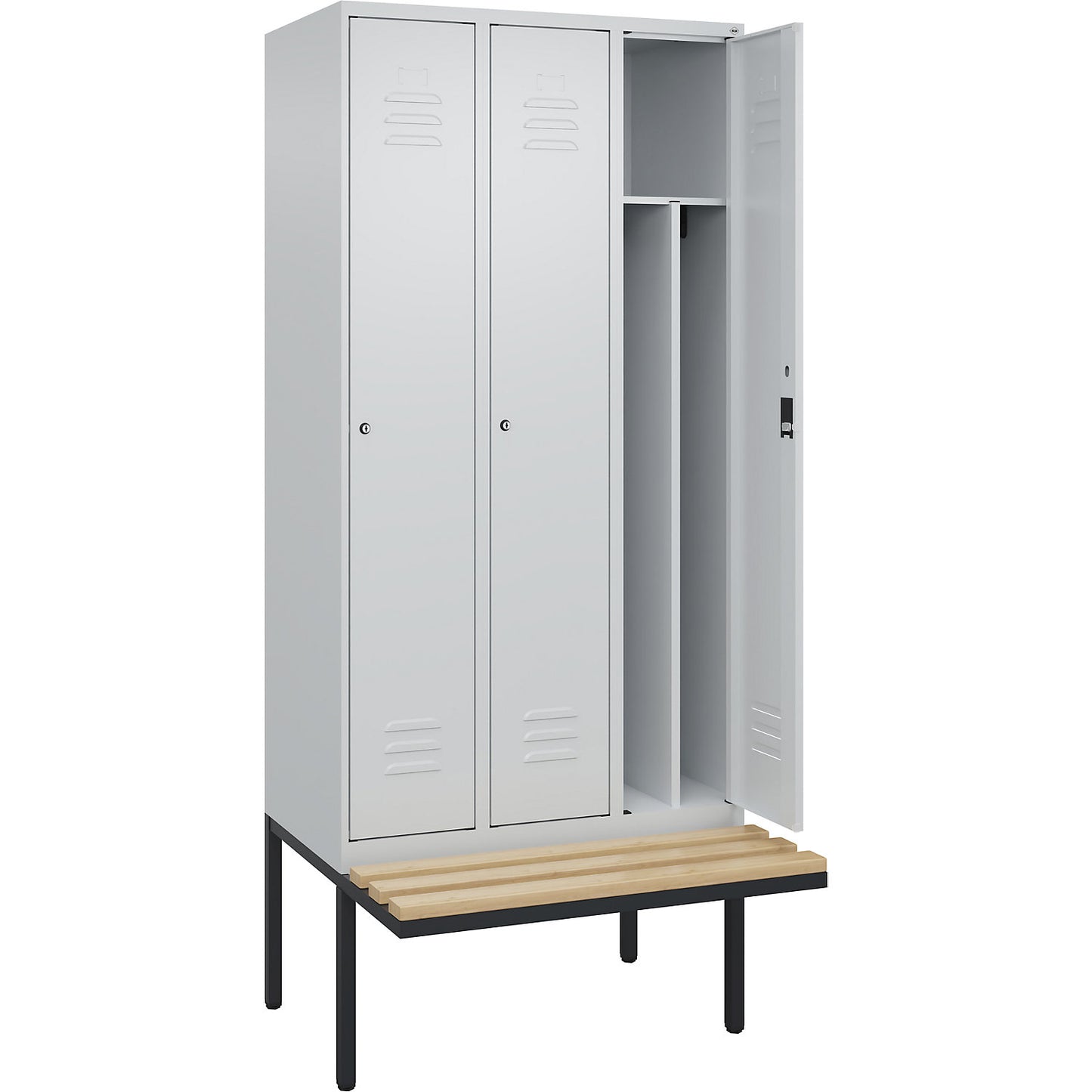 Classic PLUS clean and dirty bench seat clothes locker, narrow, 3 compartments, shortened centre divider, light grey, W 900 mm, cylinder lock, cantilevered, beech hardwood.