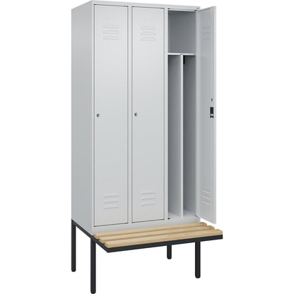 Classic PLUS clean and dirty bench seat clothes locker, narrow, 3 compartments, shortened centre divider, light grey, W 900 mm, cylinder lock, cantilevered, beech hardwood.