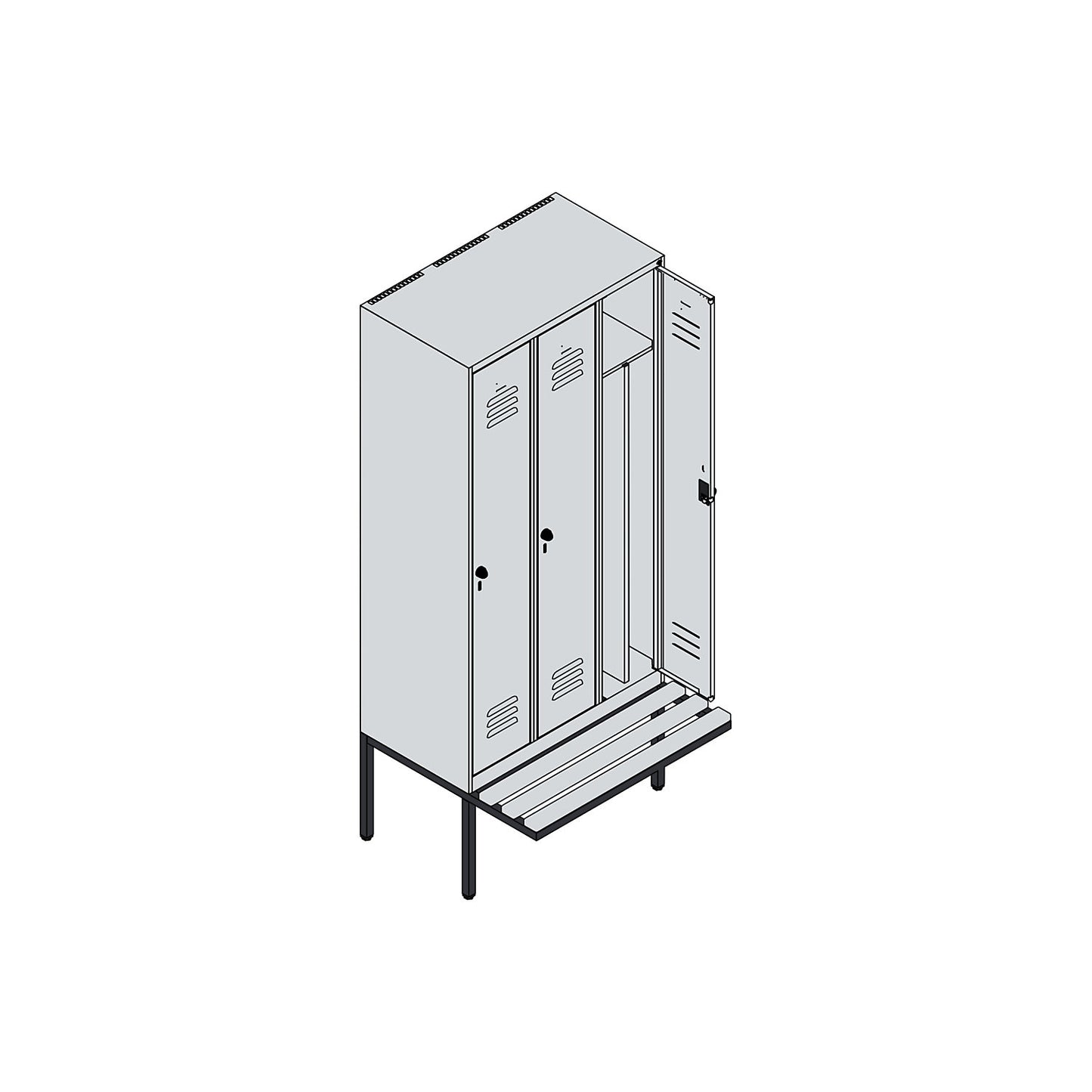 Classic PLUS clean and dirty bench seat clothes locker, narrow, 3 compartments, shortened centre divider, light grey/grey, W 900 mm, security rotary bolt, cantilevered, beech hardwood.
