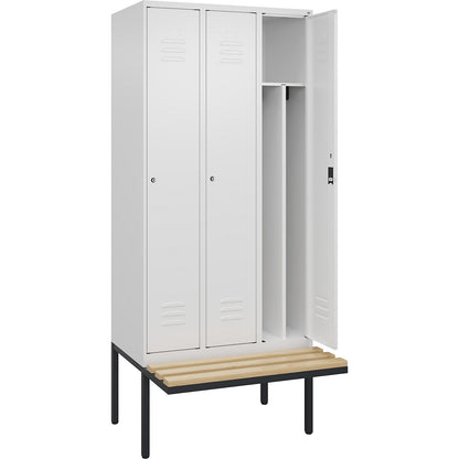 Classic PLUS clean and dirty bench seat clothes locker, narrow, 3 compartments, shortened centre divider, traffic white, W 900 mm, cylinder lock, cantilevered, beech hardwood.