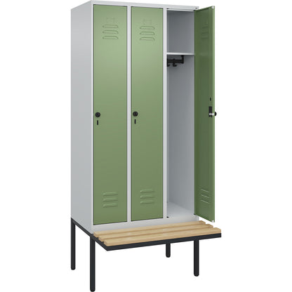 Classic PLUS bench seat clothes locker, 3 compartments, light grey/reseda green, W 900 mm, security rotary bolt, cantilevered, beech hardwood.