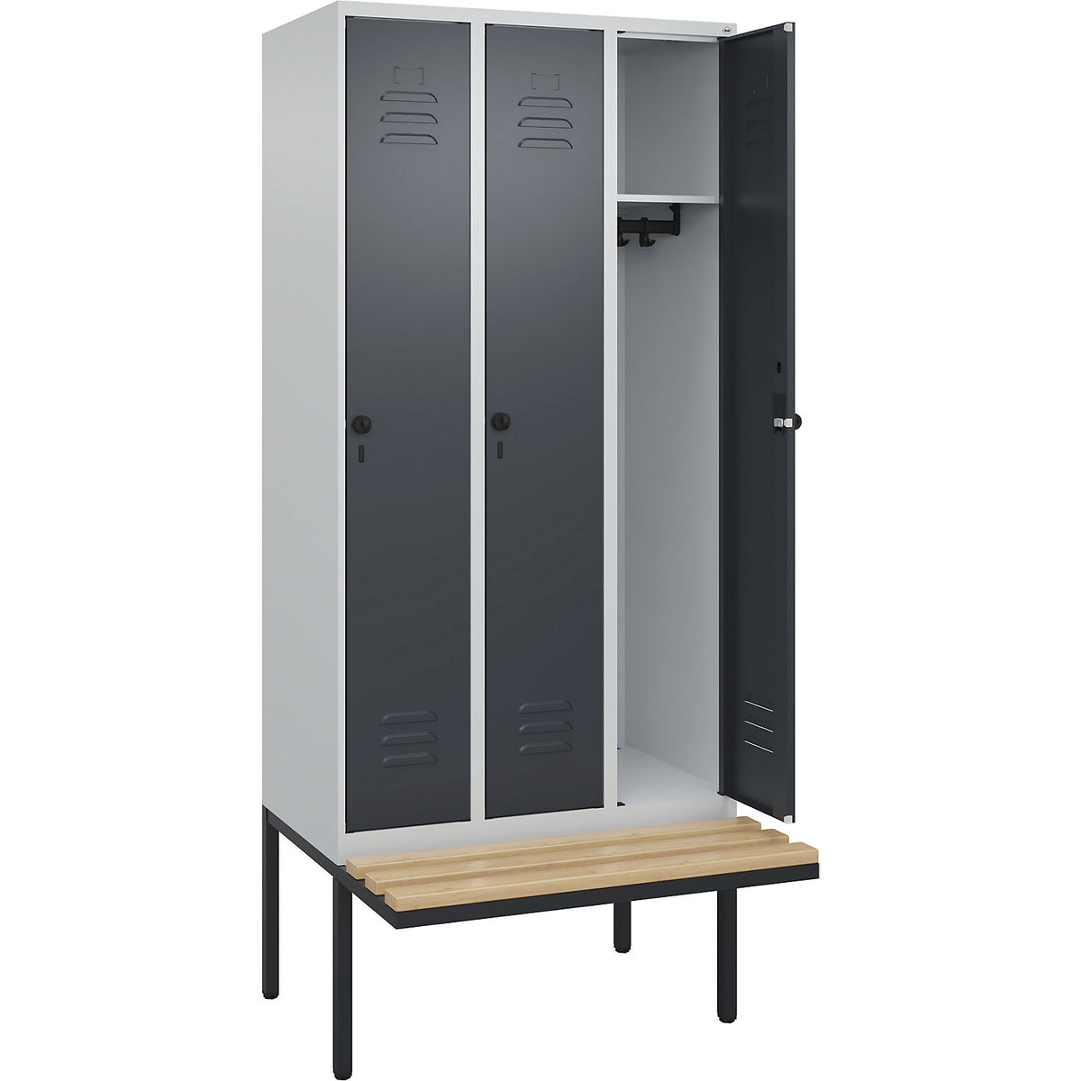 Classic PLUS bench seat clothes locker, 3 compartments, light grey/grey, W 900 mm, security rotary bolt, cantilevered, beech hardwood.