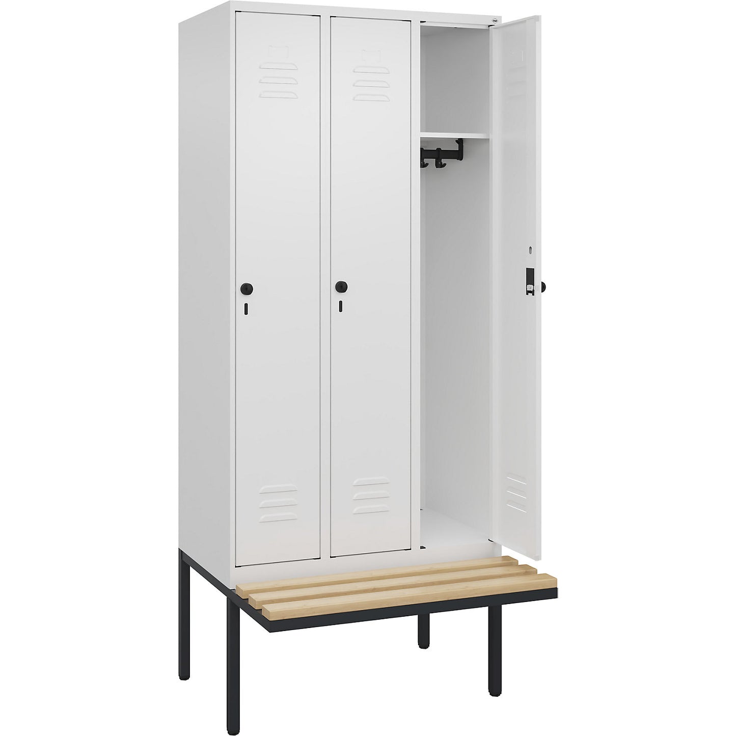 Classic PLUS bench seat clothes locker, 3 compartments, traffic white, W 900 mm, security rotary bolt, cantilevered, beech hardwood.