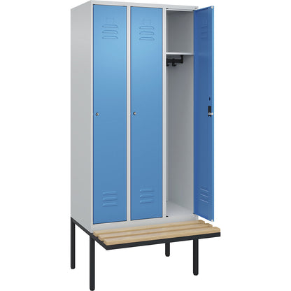 Classic PLUS bench seat clothes locker, 3 compartments, light grey/light blue, W 900 mm, cylinder lock, cantilevered, beech hardwood.