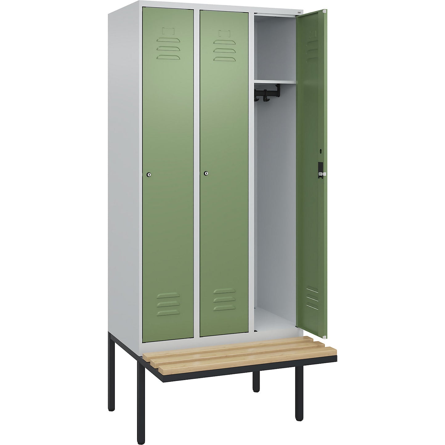 Classic PLUS bench seat clothes locker, 3 compartments, light grey/reseda green, W 900 mm, cylinder lock, cantilevered, beech hardwood.