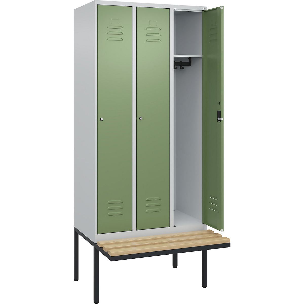 Classic PLUS bench seat clothes locker, 3 compartments, light grey/reseda green, W 900 mm, cylinder lock, cantilevered, beech hardwood.