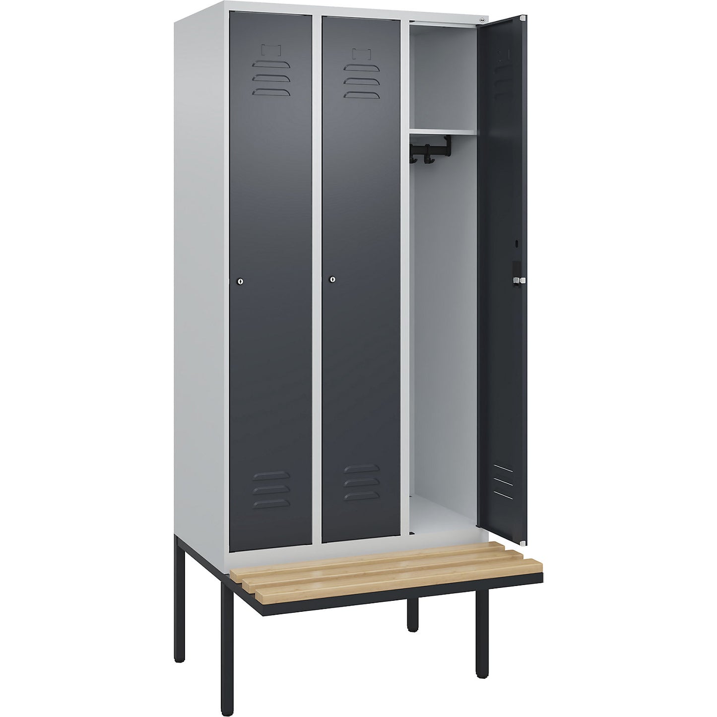Classic PLUS bench seat clothes locker, 3 compartments, light grey/grey, W 900 mm, cylinder lock, cantilevered, beech hardwood.