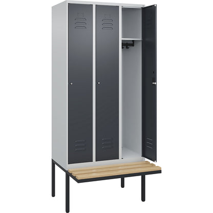 Classic PLUS bench seat clothes locker, 3 compartments, light grey/grey, W 900 mm, cylinder lock, cantilevered, beech hardwood.