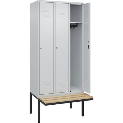 Classic PLUS bench seat clothes locker, 3 compartments, light grey, W 900 mm, cylinder lock, cantilevered, beech hardwood.
