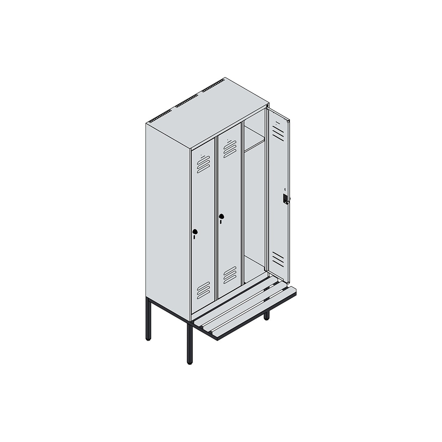 Classic PLUS bench seat clothes locker, 3 compartments, light grey/reseda green, W 900 mm, security rotary bolt, cantilevered, beech hardwood.