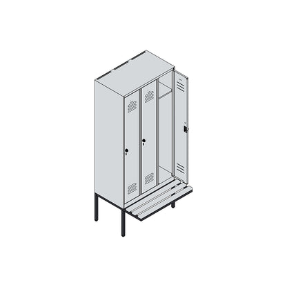Classic PLUS bench seat clothes locker, 3 compartments, light grey/reseda green, W 900 mm, security rotary bolt, cantilevered, beech hardwood.