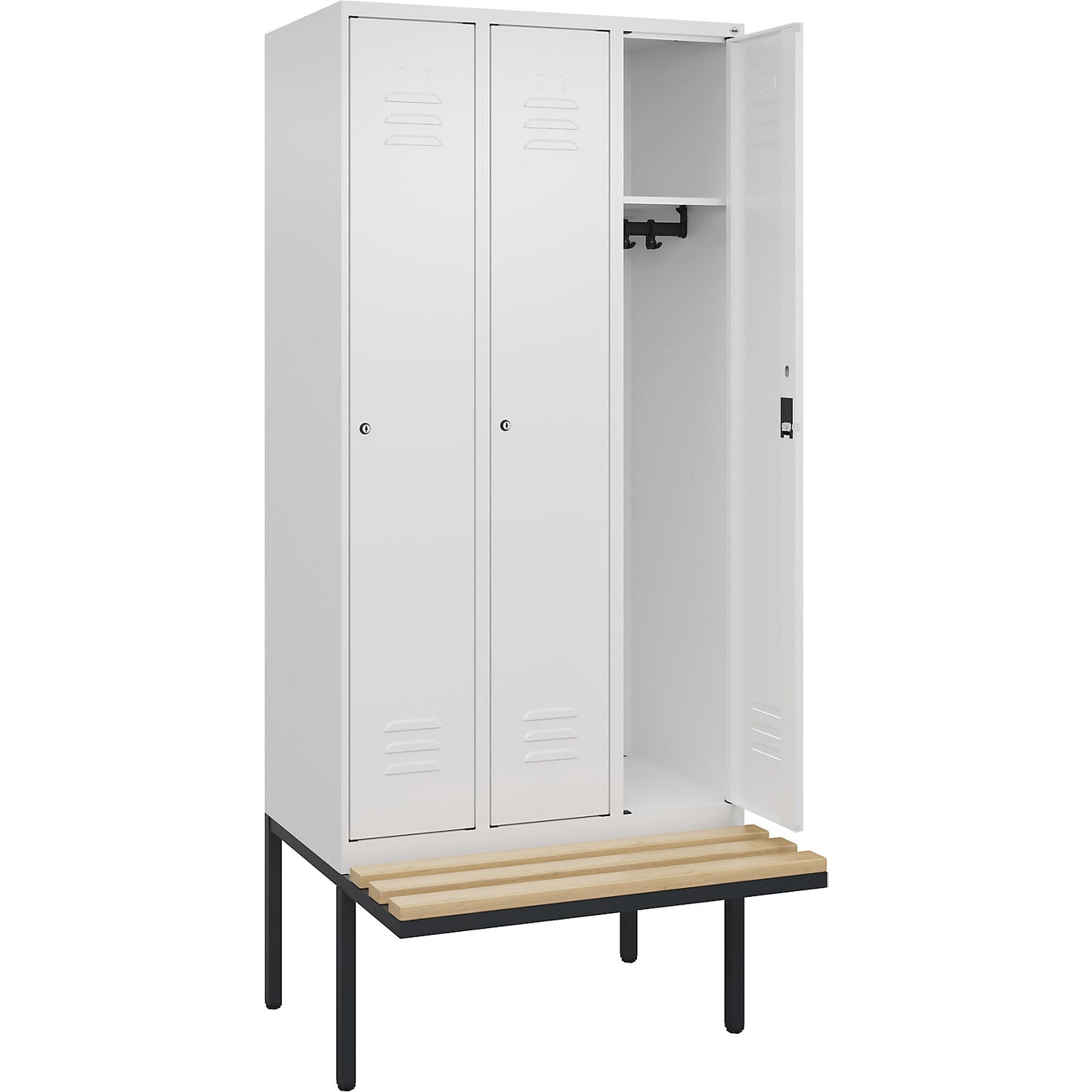 Classic PLUS bench seat clothes locker, 3 compartments, traffic white, W 900 mm, cylinder lock, cantilevered, beech hardwood.