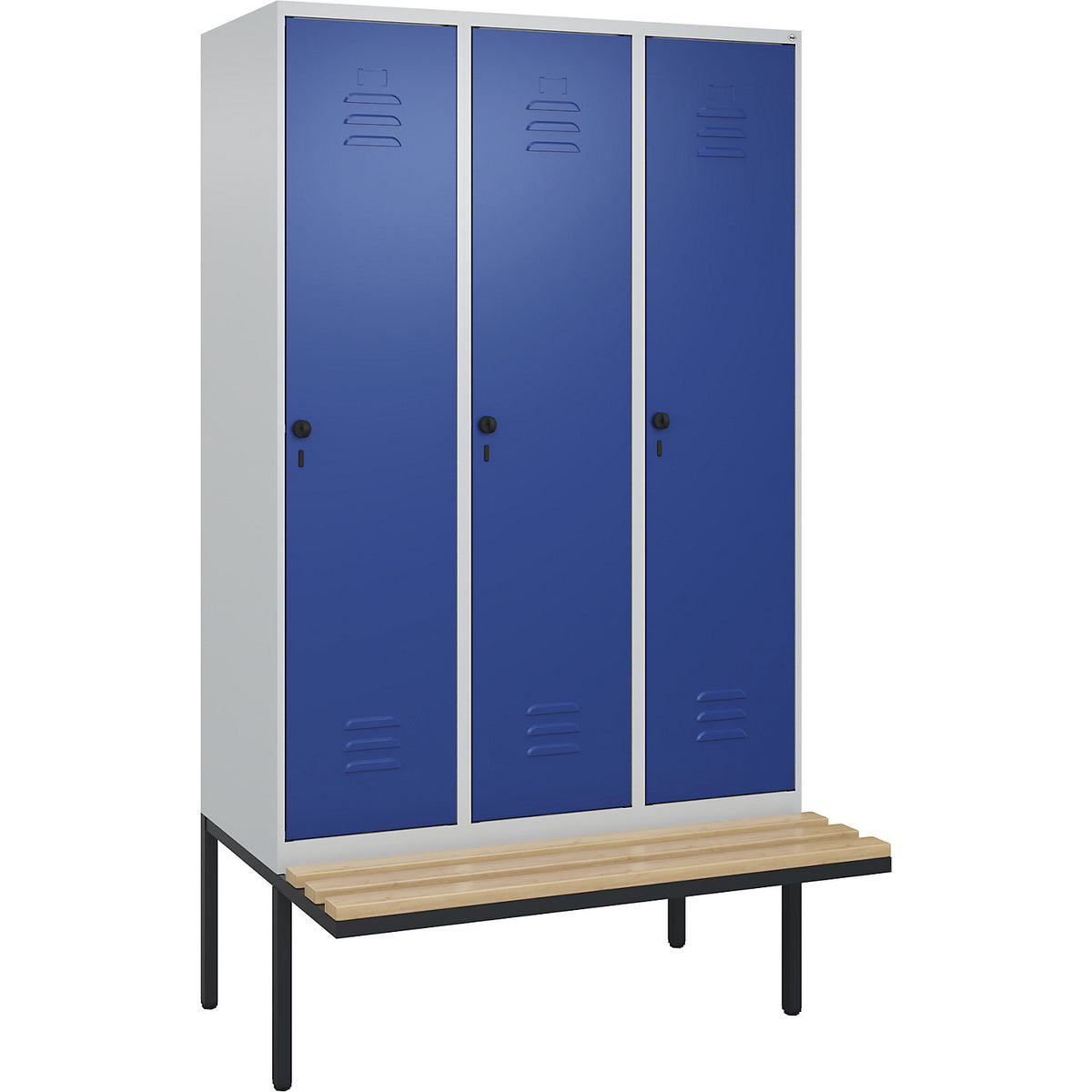 Classic PLUS clean and dirty bench seat clothes locker, narrow, 3 compartments, shortened centre divider, light grey/gentian blue, W 1200 mm, security rotary bolt, cantilevered, beech hardwood.