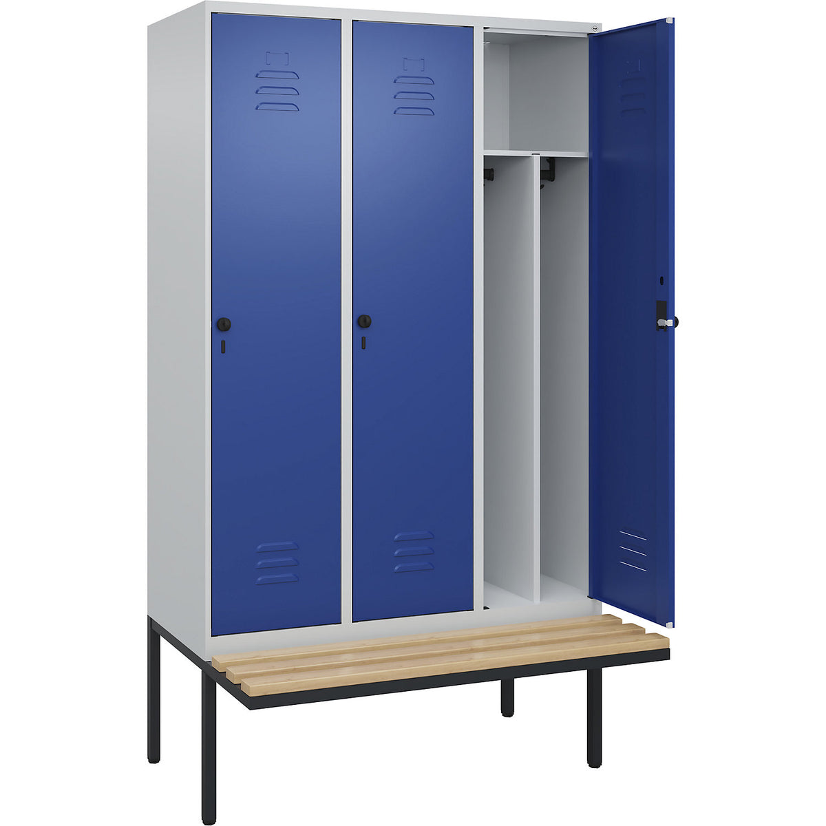 Classic PLUS clean and dirty bench seat clothes locker, narrow, 3 compartments, shortened centre divider, light grey/gentian blue, W 1200 mm, security rotary bolt, cantilevered, beech hardwood.