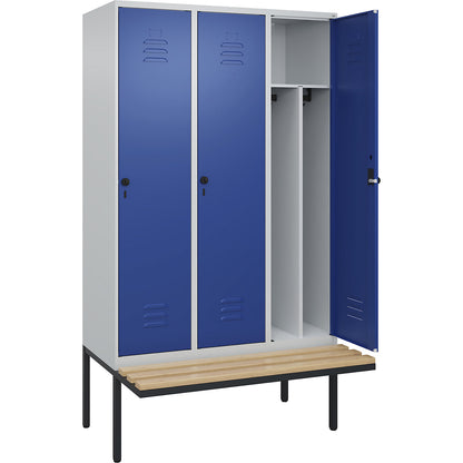 Classic PLUS clean and dirty bench seat clothes locker, narrow, 3 compartments, shortened centre divider, light grey/gentian blue, W 1200 mm, security rotary bolt, cantilevered, beech hardwood.
