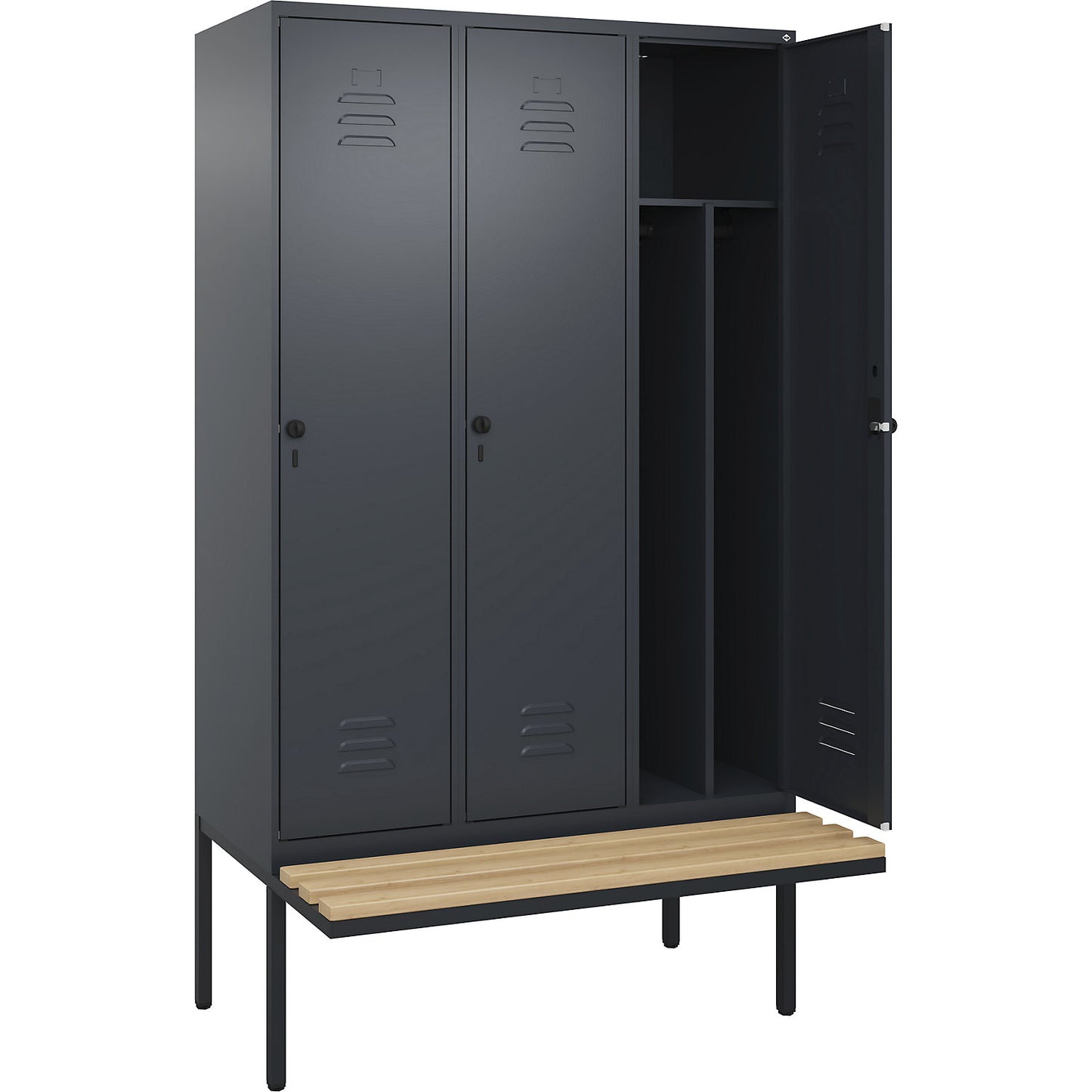 Classic PLUS clean and dirty bench seat clothes locker, narrow, 3 compartments, shortened centre divider, grey, W 1200 mm, security rotary bolt, cantilevered, beech hardwood.